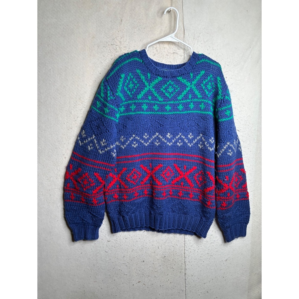 Vintage Izod Wool Sweater Mens Large Blue Fair Isle Geometric Chunky Crewneck